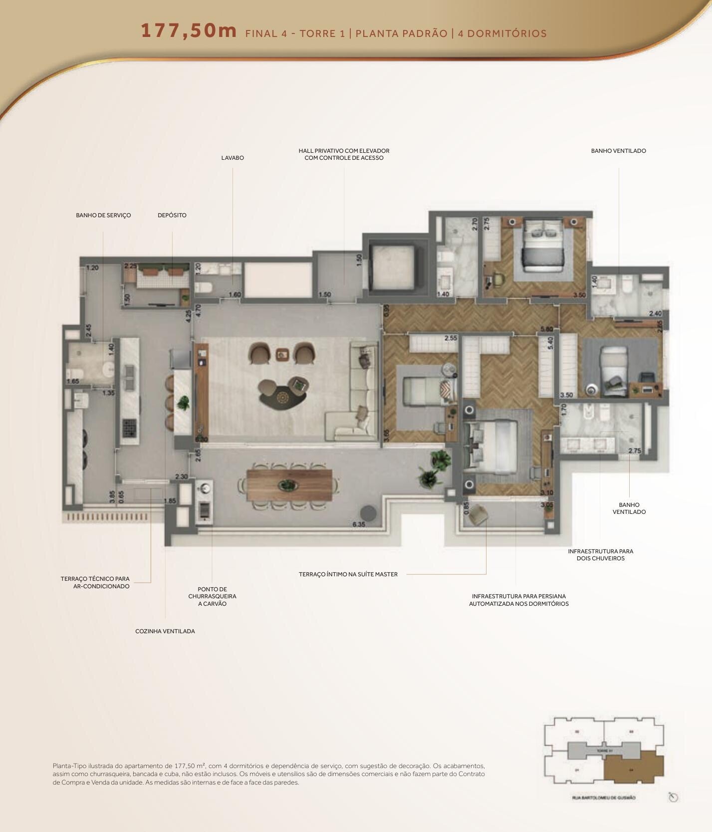 Planta padrão oficial do apartamento de 177,5 m²